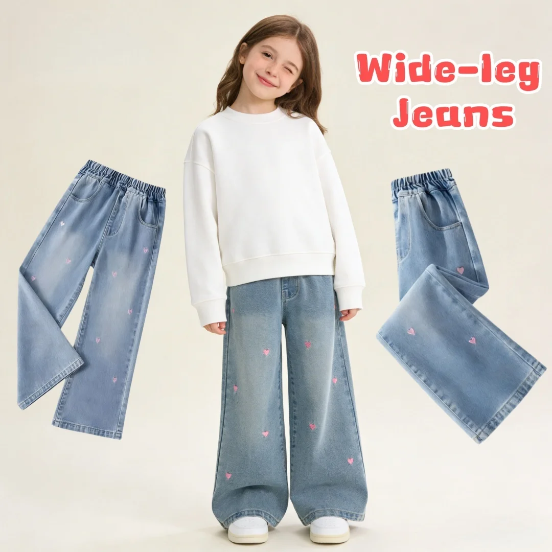 جينز أنيق للأطفال قابل للتنفس بناتي مع تطريز على شكل قلب حلو ولطيف بنطلون دنيم للربيع والخريف ناعم وخفيف الوزن بقصة واسعة من الأسفل