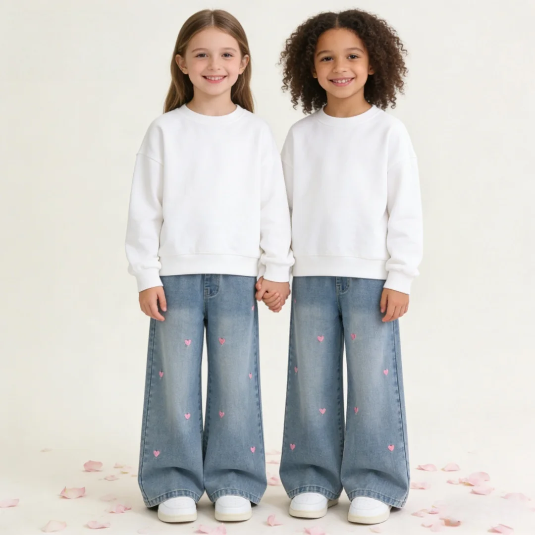جينز أنيق للأطفال قابل للتنفس بناتي مع تطريز على شكل قلب حلو ولطيف بنطلون دنيم للربيع والخريف ناعم وخفيف الوزن بقصة واسعة من الأسفل - Image 3
