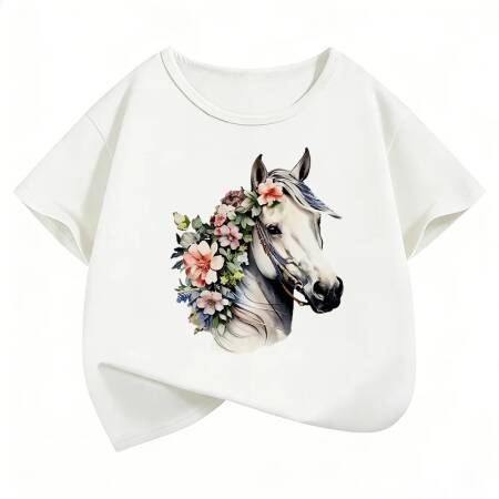 تي شيرت بتصميم حصان مع زهور، قميص مطبوع للفتيات، ملابس صيفية بأكمام قصيرة، قمصان لطيفة للفتيات