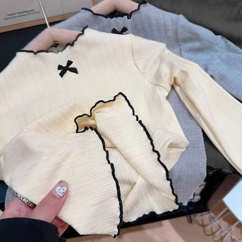 6M-8Y الفتيات تي شيرت بأكمام طويلة الأطفال تكدرت حافة القوس محبوك القمم 2025 الخريف جديد تنوعا قاعدة قميص للطفل الفتيات - Image 6