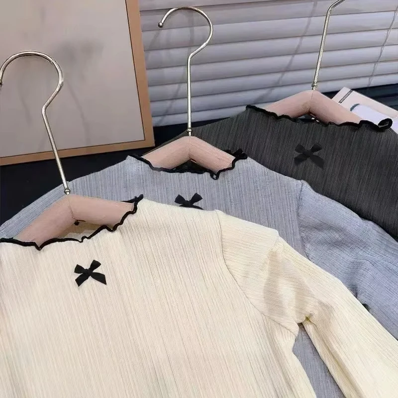 6M-8Y الفتيات تي شيرت بأكمام طويلة الأطفال تكدرت حافة القوس محبوك القمم 2025 الخريف جديد تنوعا قاعدة قميص للطفل الفتيات - Image 3