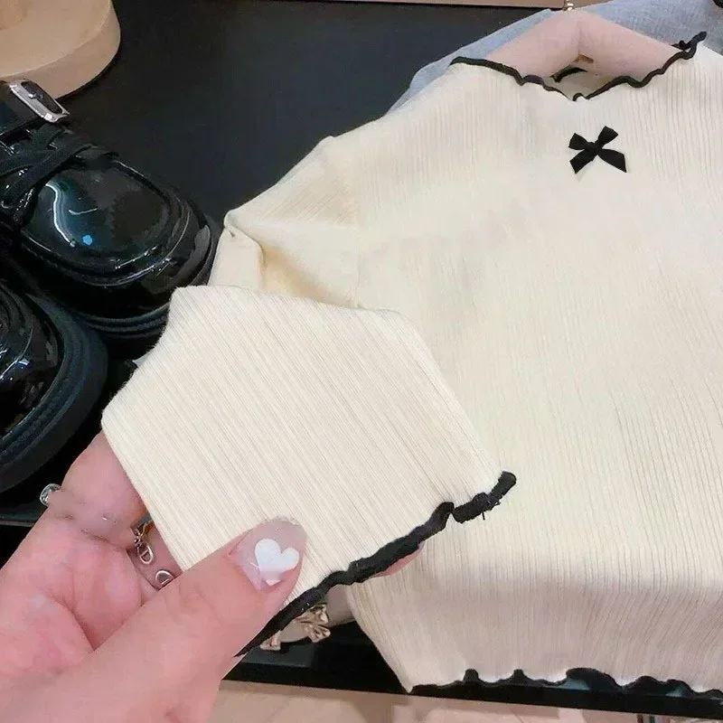 6M-8Y الفتيات تي شيرت بأكمام طويلة الأطفال تكدرت حافة القوس محبوك القمم 2025 الخريف جديد تنوعا قاعدة قميص للطفل الفتيات - Image 4