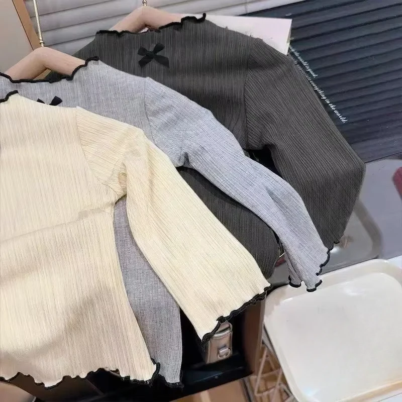 6M-8Y الفتيات تي شيرت بأكمام طويلة الأطفال تكدرت حافة القوس محبوك القمم 2025 الخريف جديد تنوعا قاعدة قميص للطفل الفتيات - Image 2