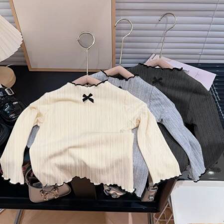 6M-8Y الفتيات تي شيرت بأكمام طويلة الأطفال تكدرت حافة القوس محبوك القمم 2025 الخريف جديد تنوعا قاعدة قميص للطفل الفتيات