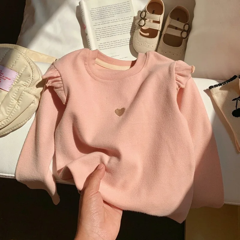 1-8Y طفل الفتيات طويلة الأكمام تي شيرت 2025 الخريف جديد طفل رقيقة المخملية أفخم قاعدة قميص الأطفال الحب المطرزة قميص بلايز - Image 6