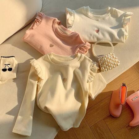 1-8Y طفل الفتيات طويلة الأكمام تي شيرت 2025 الخريف جديد طفل رقيقة المخملية أفخم قاعدة قميص الأطفال الحب المطرزة قميص بلايز