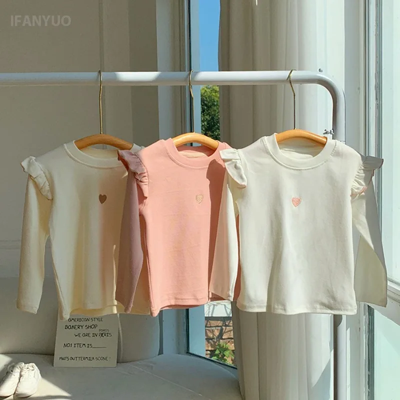 1-8Y طفل الفتيات طويلة الأكمام تي شيرت 2025 الخريف جديد طفل رقيقة المخملية أفخم قاعدة قميص الأطفال الحب المطرزة قميص بلايز - Image 4