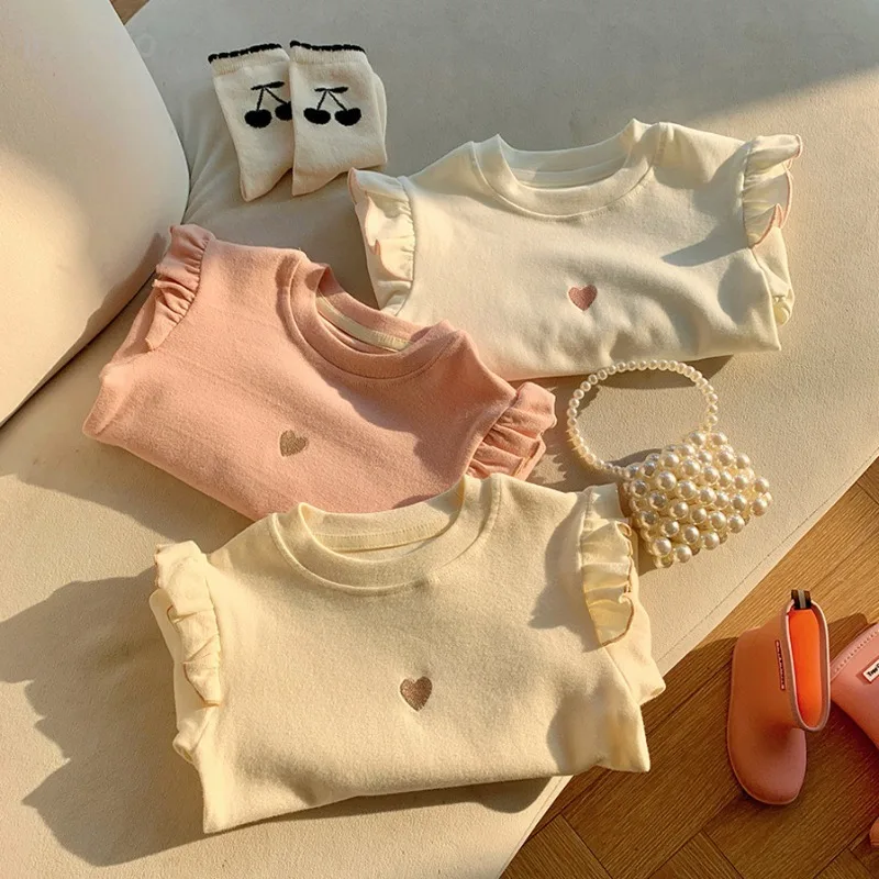 1-8Y طفل الفتيات طويلة الأكمام تي شيرت 2025 الخريف جديد طفل رقيقة المخملية أفخم قاعدة قميص الأطفال الحب المطرزة قميص بلايز - Image 3