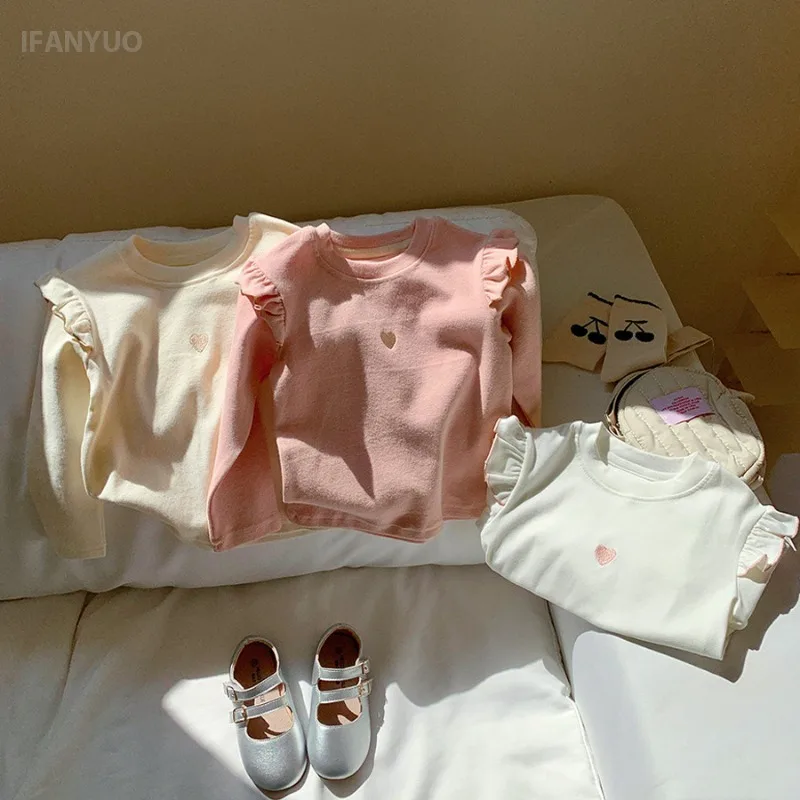 1-8Y طفل الفتيات طويلة الأكمام تي شيرت 2025 الخريف جديد طفل رقيقة المخملية أفخم قاعدة قميص الأطفال الحب المطرزة قميص بلايز - Image 5