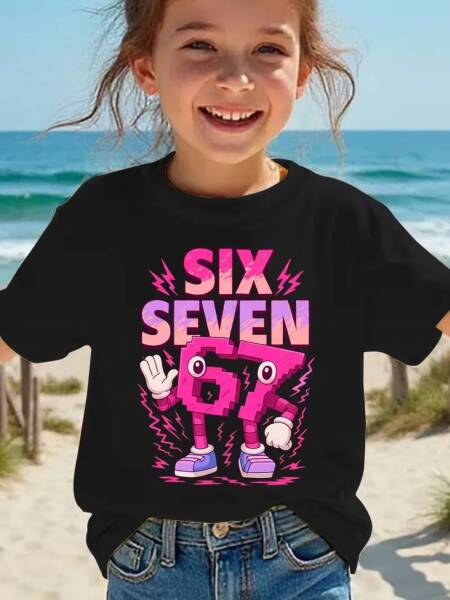 تي شيرت صيفي عصري للفتيات بأكمام قصيرة للأطفال، مطبوع عليه رقم ستة وسبعة باللون الوردي، بنمط رسوم كرتونية تلفزيونية، قميص علوي كاجوال متعدد الاستخدامات