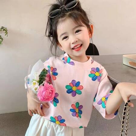 1 قطع الصيف الاطفال زهرة طباعة قمم ملابس الفتيات الكورية نمط قميص الأطفال قصيرة الأكمام تي شيرت الطفل عارضة الراحة تي شيرت