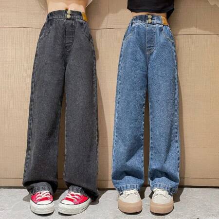 جينز فضفاض غير رسمي للفتيات ، بنطال طويل مستقيم للمدرسة ، ساق واسعة ، للأطفال من سن 5 إلى 14 سنة ، الخريف