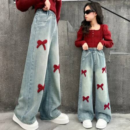 الفتيات فضفاضة واسعة الساق الجينز السراويل الناعمة الأطفال Bowknot التطريز مستقيم الدنيم السراويل ربيع الخريف الملابس 5-12 سنة
