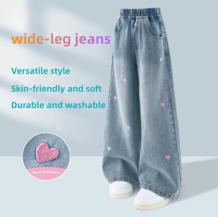 الفتيات Bootcut الجينز الاطفال مستقيم الدنيم السراويل مع التطريز القلب الديكور الأطفال ربيع الخريف أنيق دائم السراويل