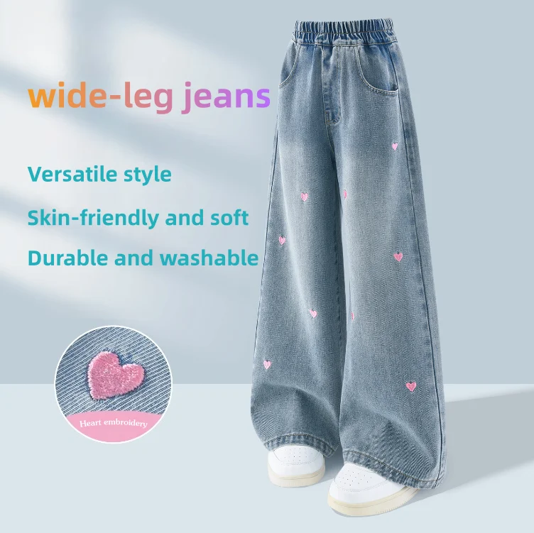 الفتيات Bootcut الجينز الاطفال مستقيم الدنيم السراويل مع التطريز القلب الديكور الأطفال ربيع الخريف أنيق دائم السراويل
