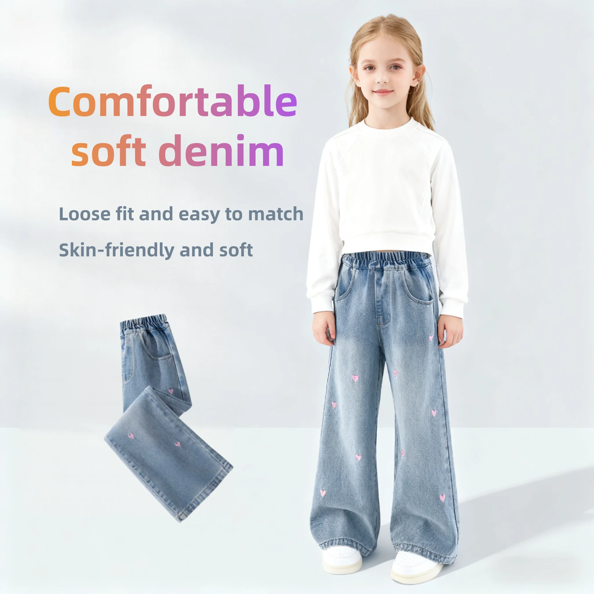 الفتيات Bootcut الجينز الاطفال مستقيم الدنيم السراويل مع التطريز القلب الديكور الأطفال ربيع الخريف أنيق دائم السراويل - Image 2