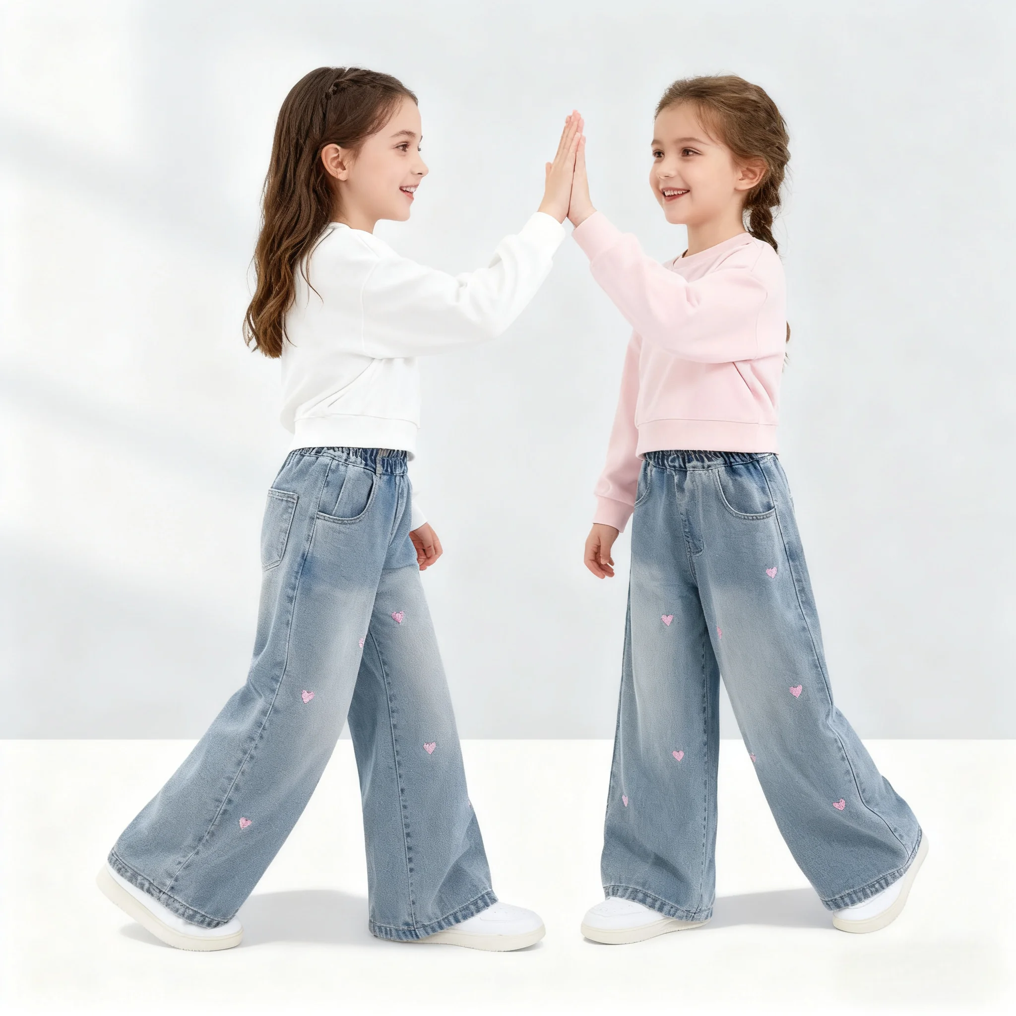 الفتيات Bootcut الجينز الاطفال مستقيم الدنيم السراويل مع التطريز القلب الديكور الأطفال ربيع الخريف أنيق دائم السراويل - Image 6