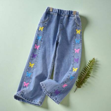 السراويل للفتيات الجينز المراهقين ملابس الأطفال فراشة طباعة السراويل ربيع الخريف الطفل الاطفال الملابس الجينز 6 8 10 12 14 Y