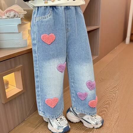 بنطلون جينز للفتيات مستقيم وفضفاض بتصميم مغسول ناعم من الدنيم، موديل خريفي جديد للفتيات الصغيرات، بنطلون واسع الساق متعدد الاستخدامات