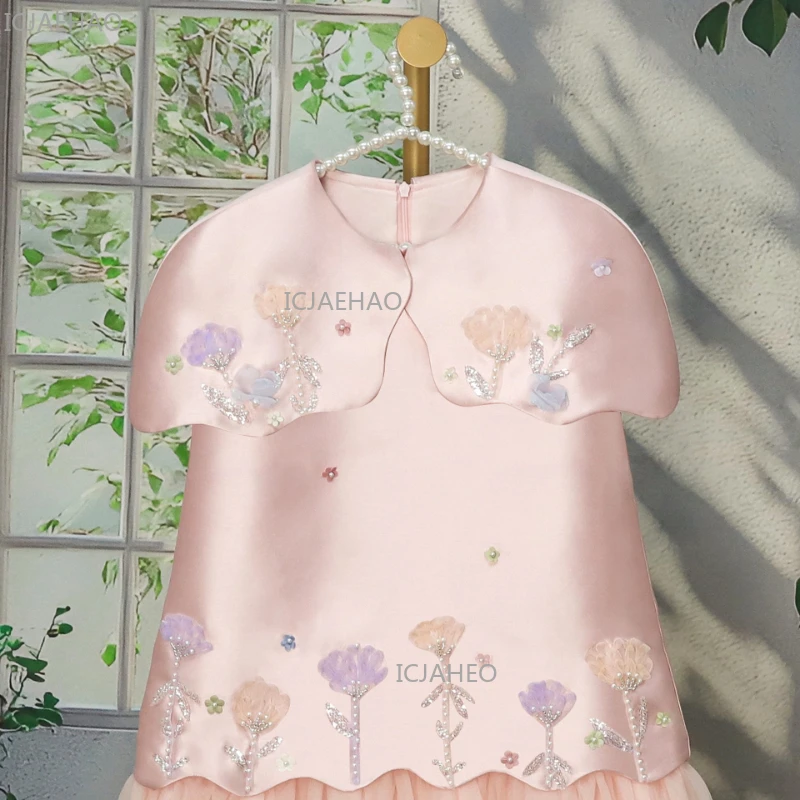 فساتين أعياد ميلاد أنيقة للأطفال لعام 2026 بزهور ثلاثية الأبعاد، فستان أميرة بحمالات، تنورة كيك، فستان حفلات رسمي، ملابس أطفال للعيد - Image 4