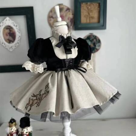 0-12Y طفلة الصيف الأسود الغزلان التطريز التركية خمر فستان الأميرة لعيد ميلاد عطلة عيد الفصح التصوير عيد C105