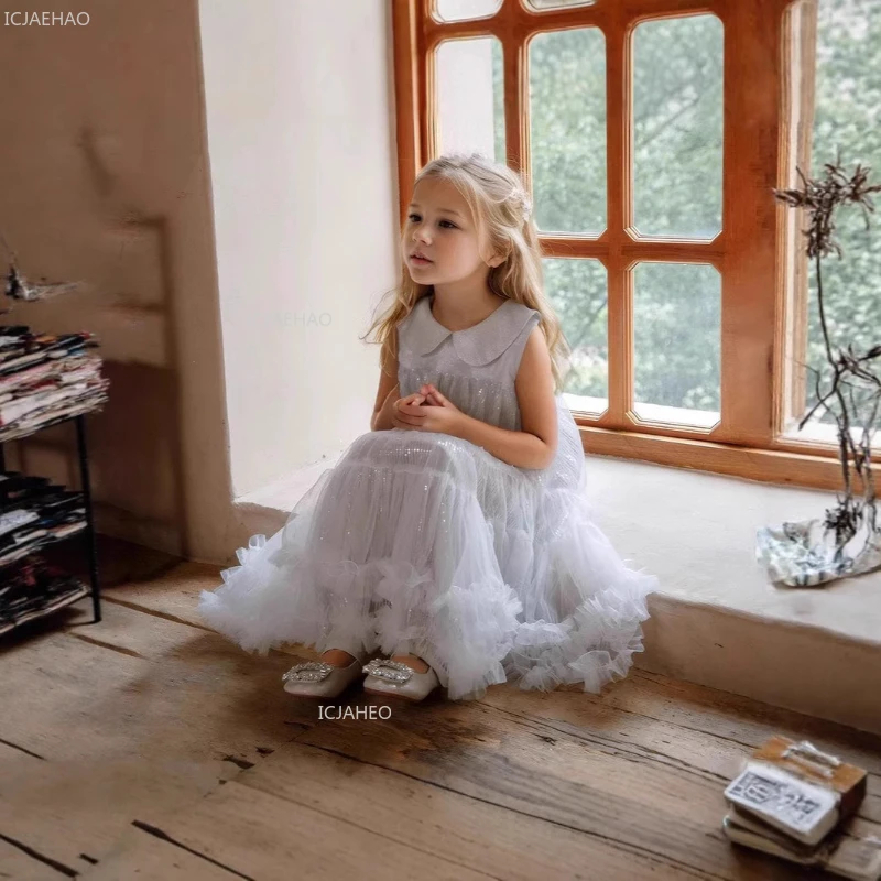 فستان حفلات جديد للفتيات للأطفال بياقة بيتر بان بدون أكمام من التول فستان الأميرة للمضيف أداء البيانو والولائم الرسمية - Image 5