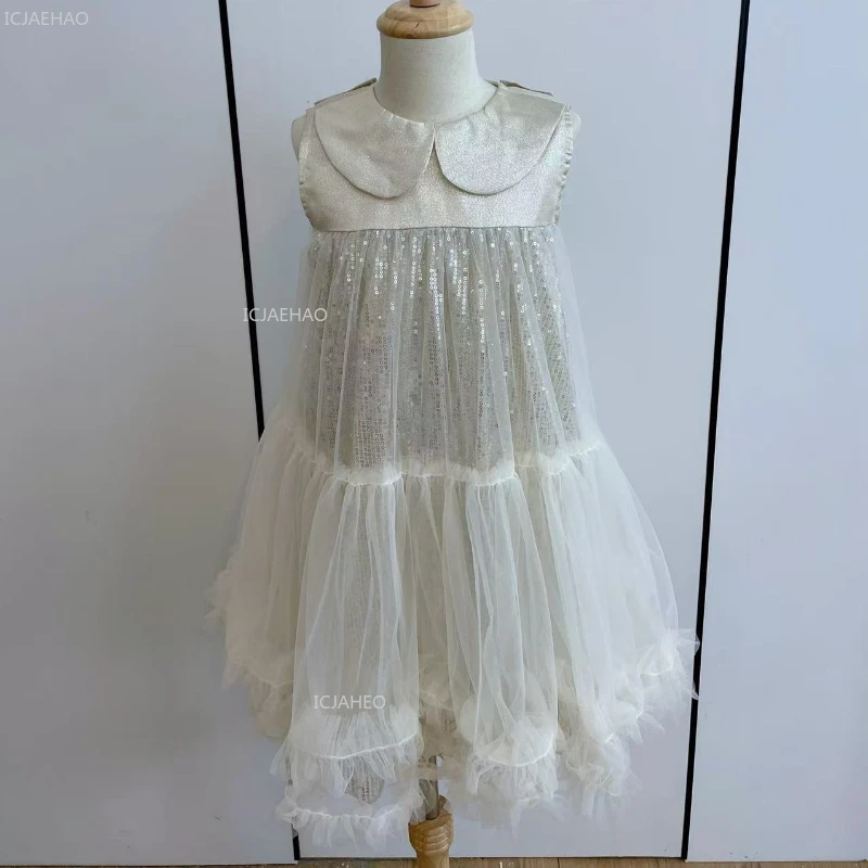 فستان حفلات جديد للفتيات للأطفال بياقة بيتر بان بدون أكمام من التول فستان الأميرة للمضيف أداء البيانو والولائم الرسمية - Image 6