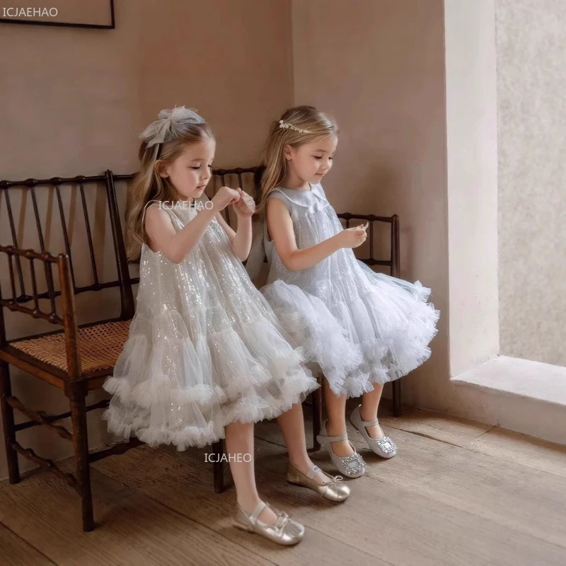 فستان حفلات جديد للفتيات للأطفال بياقة بيتر بان بدون أكمام من التول فستان الأميرة للمضيف أداء البيانو والولائم الرسمية - Image 4