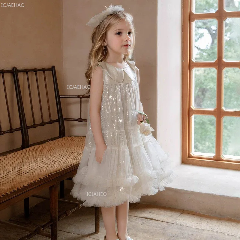 فستان حفلات جديد للفتيات للأطفال بياقة بيتر بان بدون أكمام من التول فستان الأميرة للمضيف أداء البيانو والولائم الرسمية