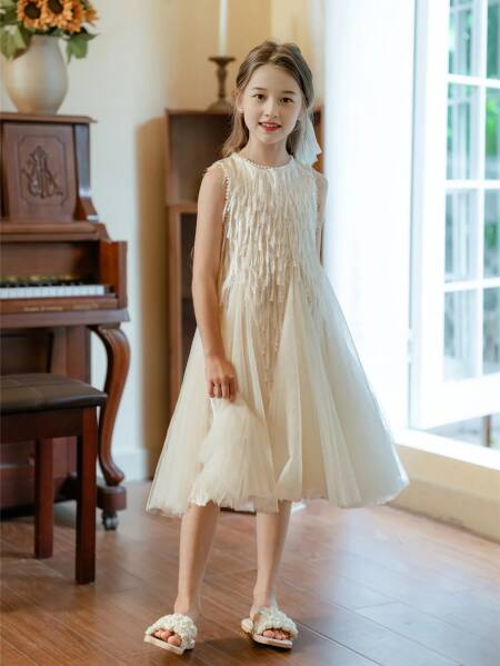 2025 الصيف الفتيات الصغيرات بلا أكمام فستان شبكي فستان الأميرة الأطفال موضة صد فستان 4-14 سنة الفتاة فستان أنيق