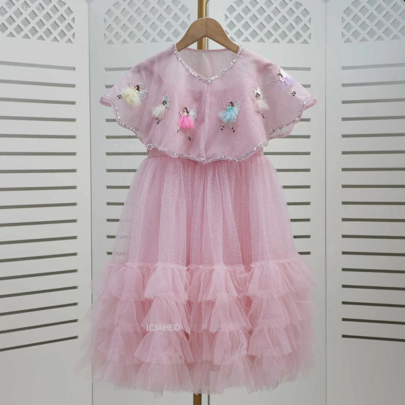 فستان بناتي بطبقات على شكل كعكة للأطفال بحزام سباغيتي من التول مع شال كيب للحفلات وحفلات الاحتفال الرسمي - Image 2