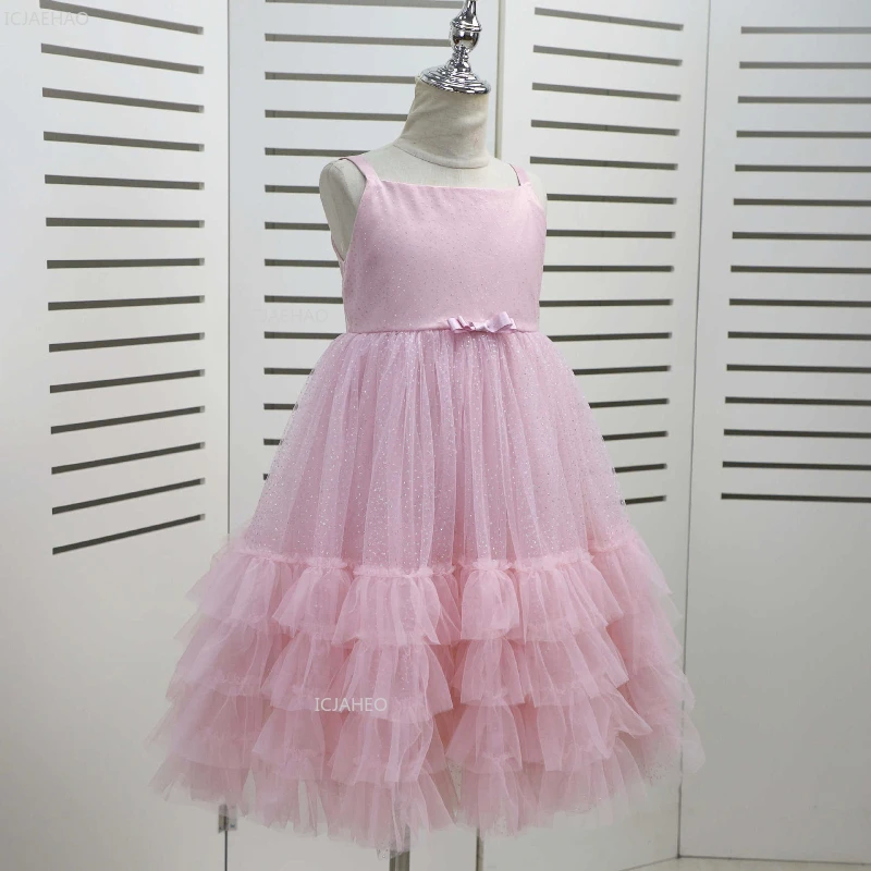 فستان بناتي بطبقات على شكل كعكة للأطفال بحزام سباغيتي من التول مع شال كيب للحفلات وحفلات الاحتفال الرسمي - Image 3