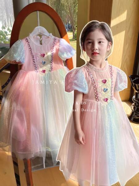 فستان الأميرة الوردي المتدرج بألوان قوس قزح للفتيات صيفي جديد لحفلات أعياد الميلاد للأطفال الصغار