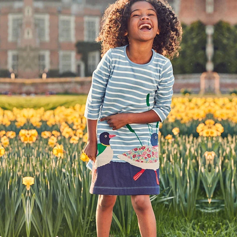 تنورة قطنية بأكمام طويلة للأطفال ، فستان مطرز للبنات ، فساتين كرتونية للأطفال ، كاجوال - Image 2