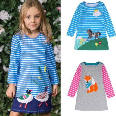 تنورة قطنية بأكمام طويلة للأطفال ، فستان مطرز للبنات ، فساتين كرتونية للأطفال ، كاجوال