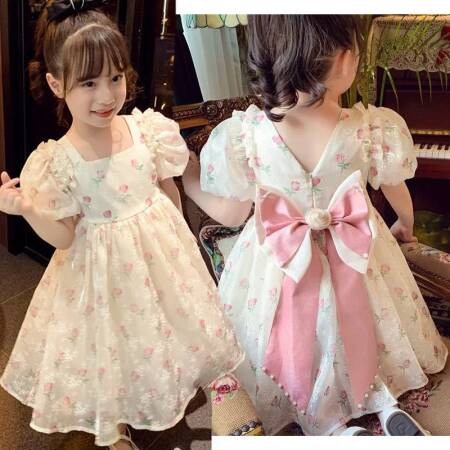 فستان أميرة للبنات من 1-8 سنوات مزين بالدانتيل والزهور مع طباعة كاملة وفيونكة كبيرة وزخارف لؤلؤية لحفلات الأطفال