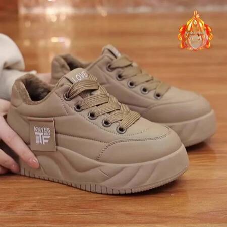 المرأة سميكة القاع صوف مبطن عارضة القطن الخبز أحذية شتاء دافئ أنيق الكورية نمط حذاء مسطح جولة تو قطع منخفضة