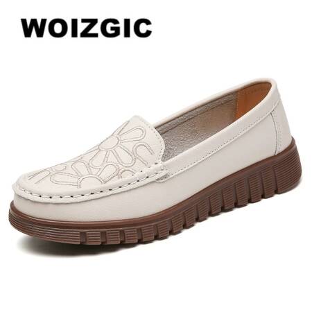 أحذية WOIZGIC النسائية للأمهات من الجلد الطبيعي أحذية بدون كعب ناعمة للربيع والخريف بدون كعب