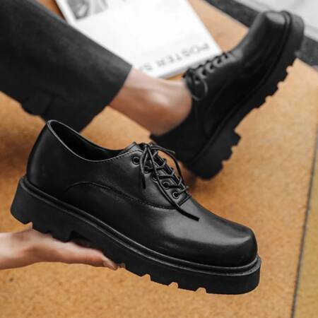 أحذية رجالية رسمية بكعب مسطح ورباط، لون موحد، نعل سميك، تصميم فريد وعصري، أحذية جلدية بأسلوب جديد