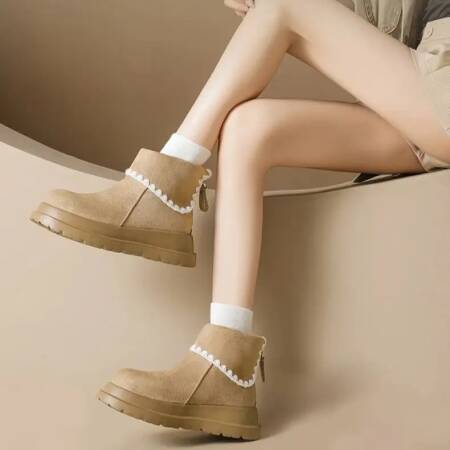 أحذية نسائية للثلج بنعل سميك، أحذية شتوية دافئة مبطنة بالفرو الناعم والمتين