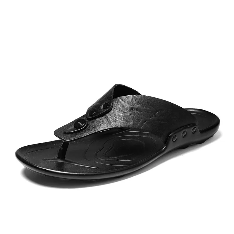 تنفس شبشب رجالي جلد طبيعي الترفيه الوجه يتخبط داخلي رجالي حذاء كاجوال الانزلاق على الشقق الصيف في الهواء الطلق أحذية من المطاط - Image 2