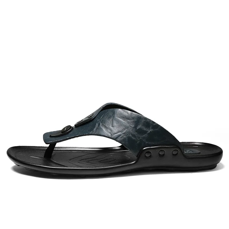 تنفس شبشب رجالي جلد طبيعي الترفيه الوجه يتخبط داخلي رجالي حذاء كاجوال الانزلاق على الشقق الصيف في الهواء الطلق أحذية من المطاط - Image 4