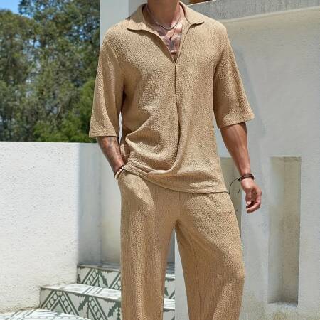 الرجال المألوف لون نقي لمط تنفس مريحة عارضة الشاطئ الترفيه قصيرة الأكمام قميص وسراويل مجموعة لربيع