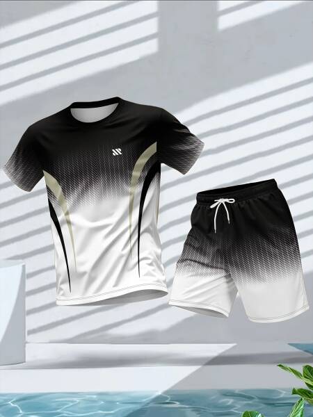 الرجال الصيف أزياء شخصية اللون المطبوعة مريحة تنفس جولة الرقبة تي شيرت السراويل مجموعة في الهواء الطلق ملابس رياضية كاجوال