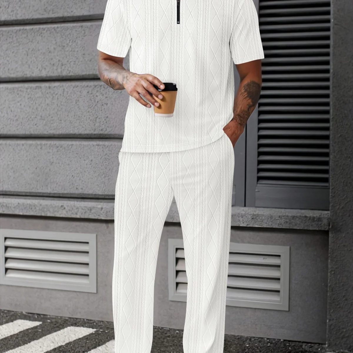 قميص بولو عصري للرجال - طقم مكون من قطعتين من قماش الجاكار الماسي بلون سادة للربيع والخريف - Image 6