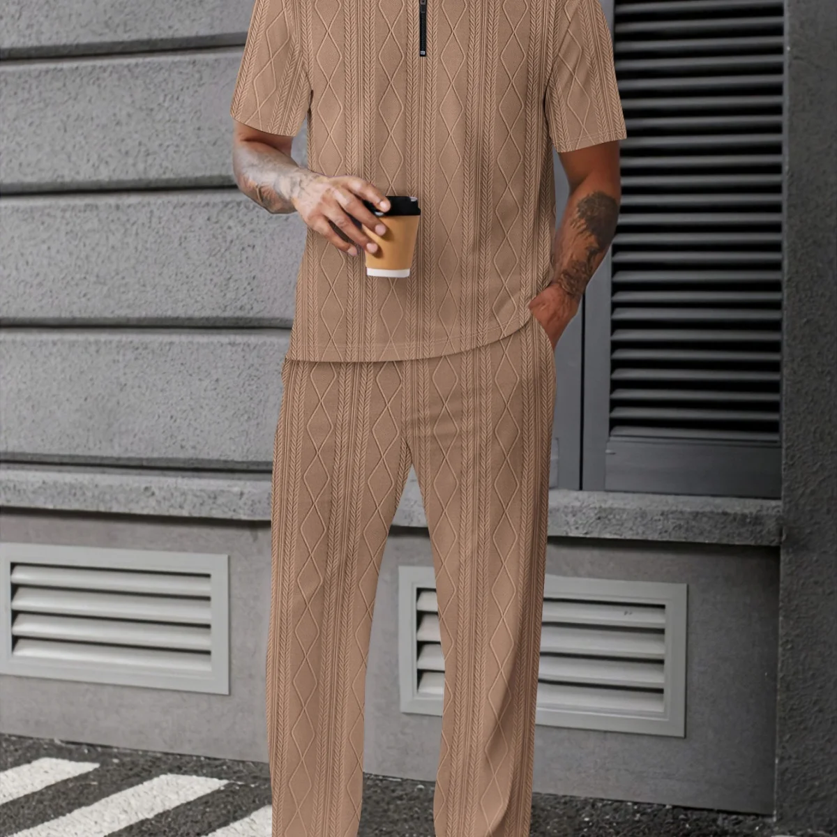 قميص بولو عصري للرجال - طقم مكون من قطعتين من قماش الجاكار الماسي بلون سادة للربيع والخريف - Image 5