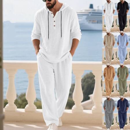 طقم كتان رجالي غير رسمي من قطعتين لفصلي الربيع والصيف، قميص هنلي بقلنسوة وبنطلون فضفاض، مريح للتنفس ومناسب للإجازات الخارجية