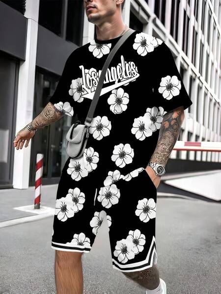 صيف 2025 مجموعة ملابس رجالية جديدة ثلاثية الأبعاد مطبوعة زهرة في الهواء الطلق مجموعة أزياء غير رسمية