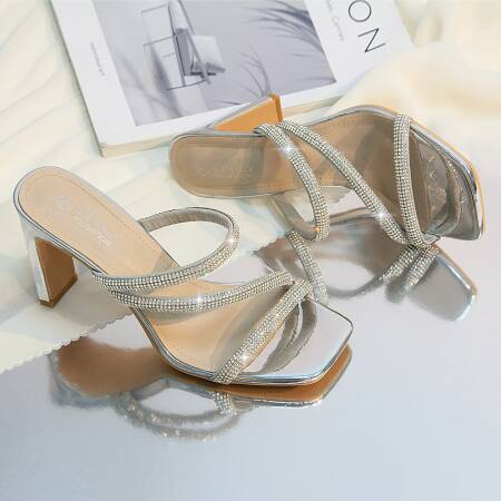 صندل نسائي بكعب عالٍ متلألئ بمقدمة مربعة | حذاء نسائي بكعب مكتنز للربيع والصيف والخريف