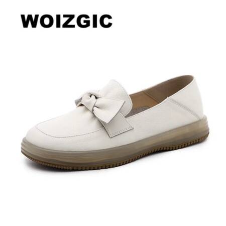 WOIZGIC الإناث الأم السيدات المرأة جلد طبيعي الشقق المتسكعون الأحذية منصة الانزلاق على Bowknot مبركن أحذية Zapatos موهير